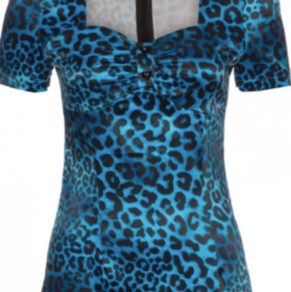 Blue satin leopard pattern wiggle dress